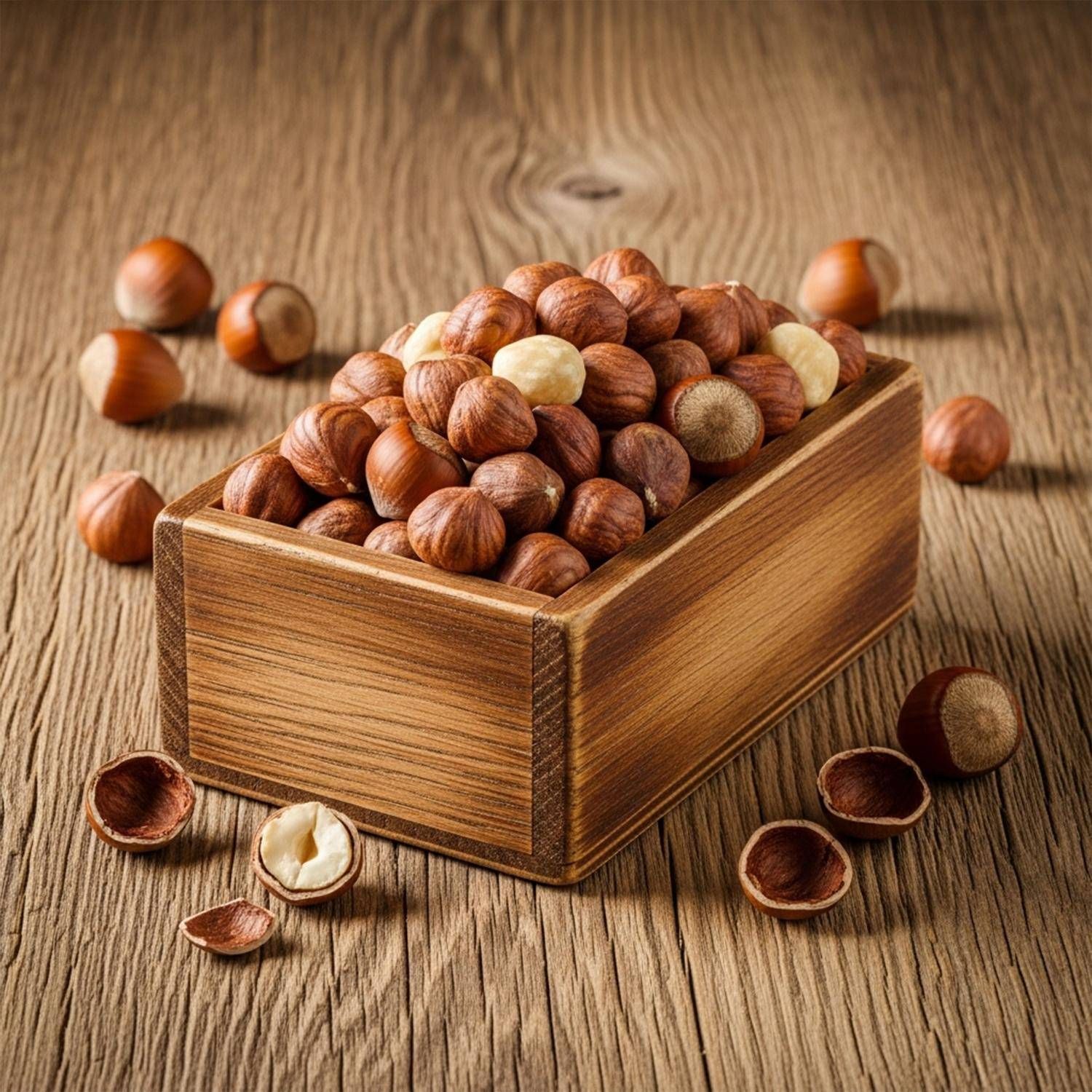 Hazelaars in een houten bakje, enkele noten en schillen ernaast.