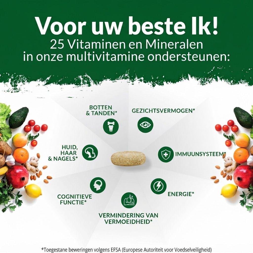 Een beige multivitamine tablet met iconen voor botten, ogen, immuunsysteem, energie, vermoeidheid, cognitie en huid, haar en nagels.