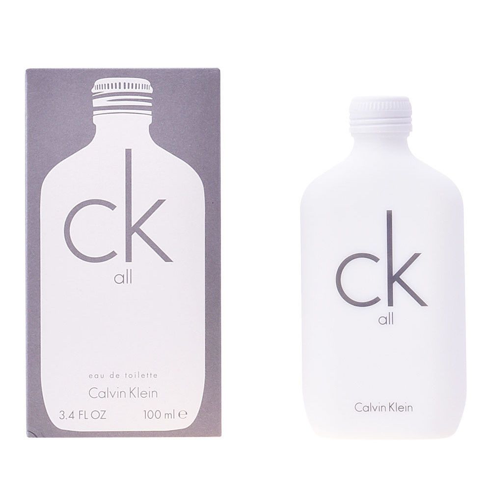 Witte parfumfles en verpakking. Opschrift "ck all" en "Calvin Klein". Fles met 100 ml.