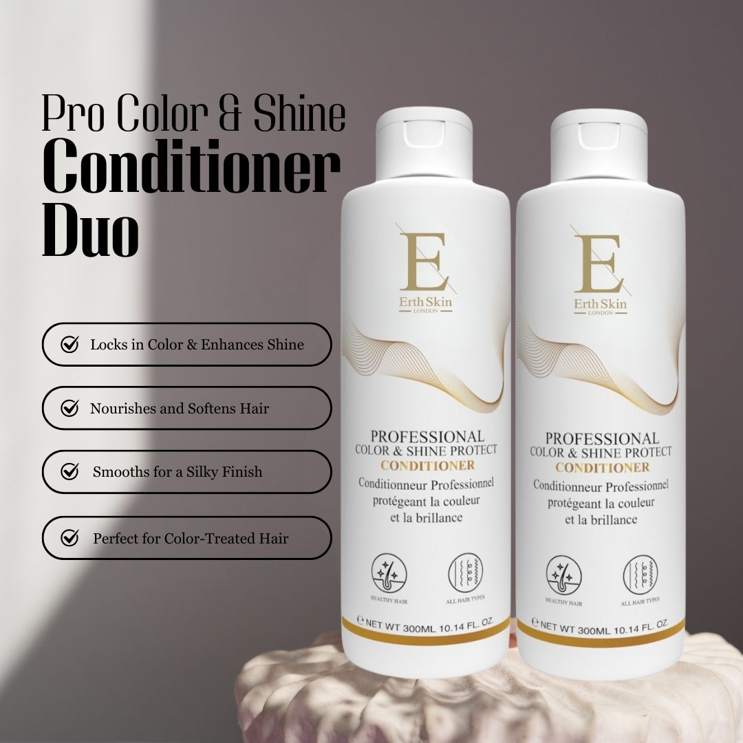 Twee conditionerflessen. Opschrift: ErthSkin London. Tekst: Professional Color & Shine Protect Conditioner. Productkenmerken.