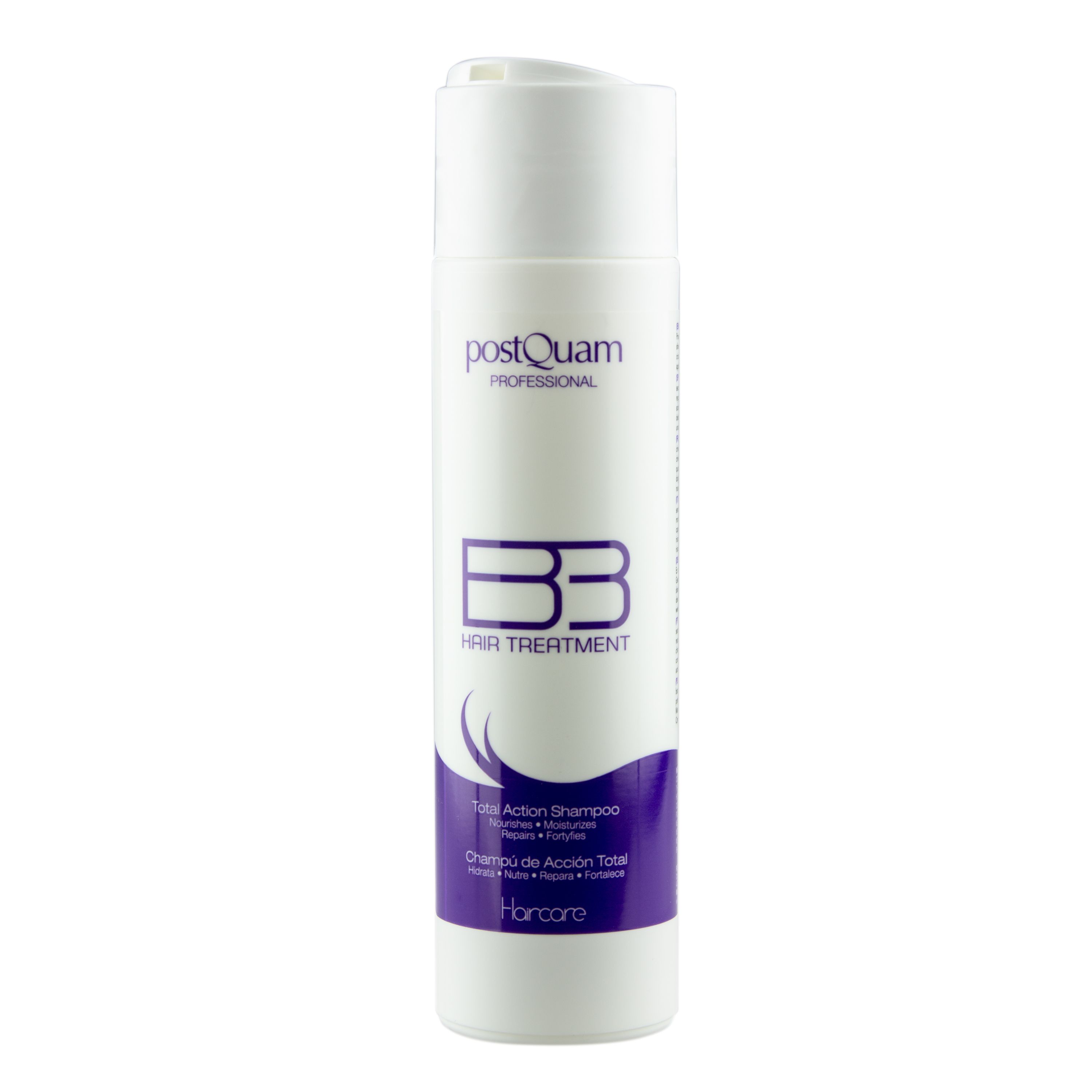Flacon blanc avec étiquette violette. Inscription : Postquam Professional, BB Hair Treatment. Contient du texte en plusieurs langues.