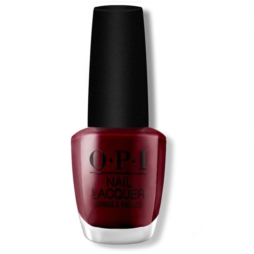 Flacon de vernis à ongles avec bouchon noir. Vernis rouge foncé. Logo OPI et inscription 'NAIL LACQUER'.