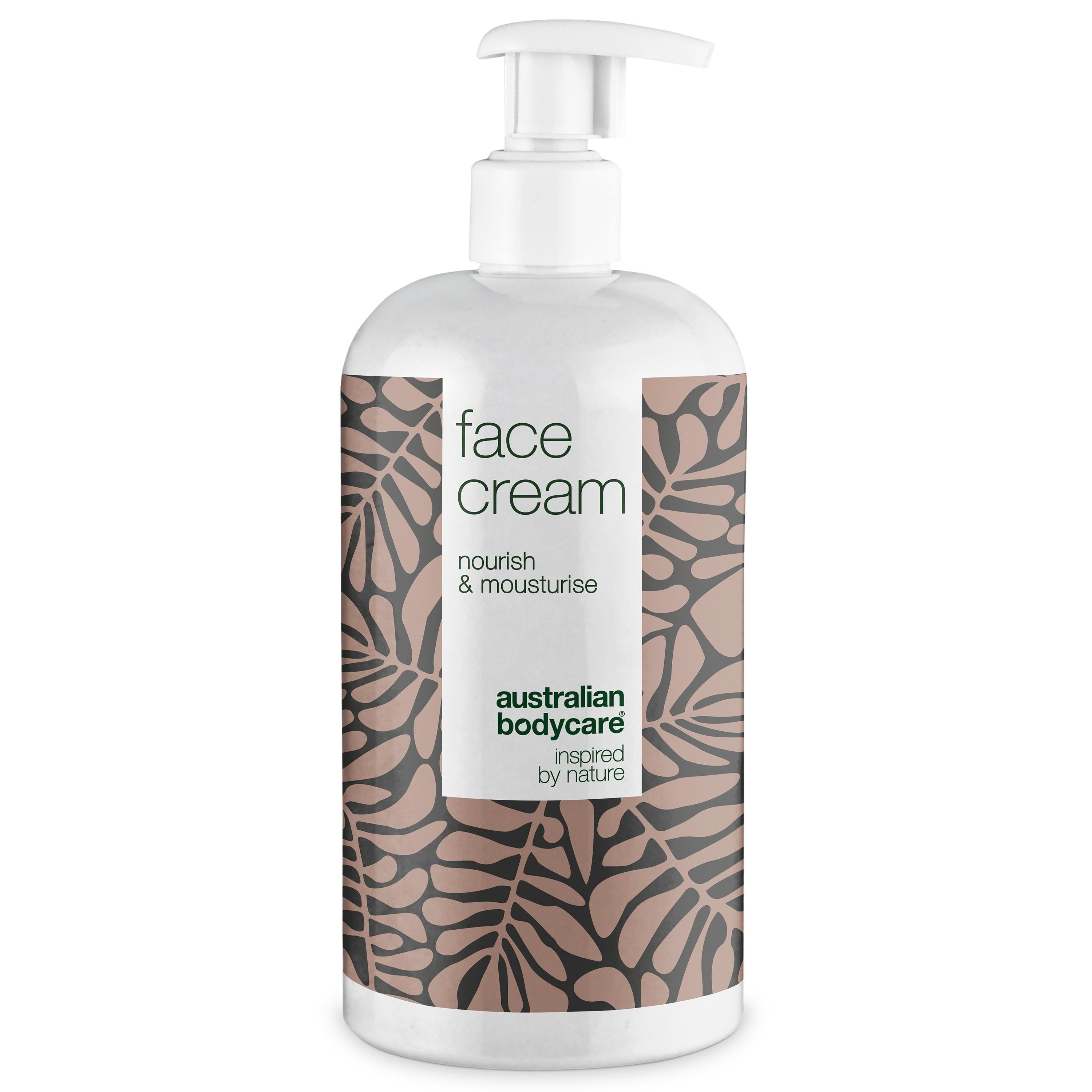 Flacon blanc avec pompe. Inscription : face cream, nourish & moisturise. Logo : australian bodycare.