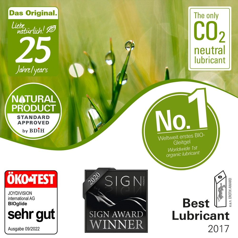 Logo BIOglide, natuurlijk glijmiddel. Awards: Nr. 1, Beste glijmiddel 2017, ÖKO-TEST, Sign Award Winner.