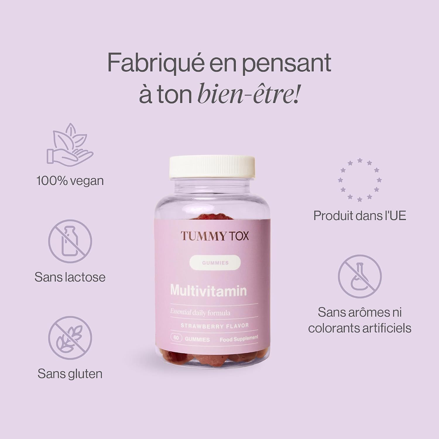 Bouteille Tummy Tox Multivitamines : 100% vegan, sans lactose, sans gluten, fabriqué dans l'UE, sans arômes/colorants artificiels.