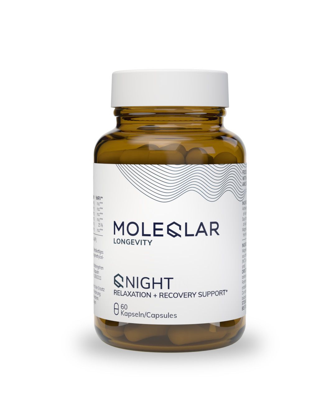 Flacon en verre brun avec bouchon blanc, contenant 60 gélules. Étiquette "MOLEQULAR LONGEVITY NIGHT RELAXATION + RECOVERY SUPPORT".