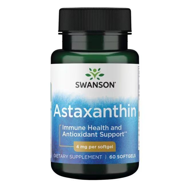 Flacon SWANSON Astaxanthine. Étiquette bleue avec nom du produit, 4 mg par gélule. 60 gélules. Bouchon et flacon verts.