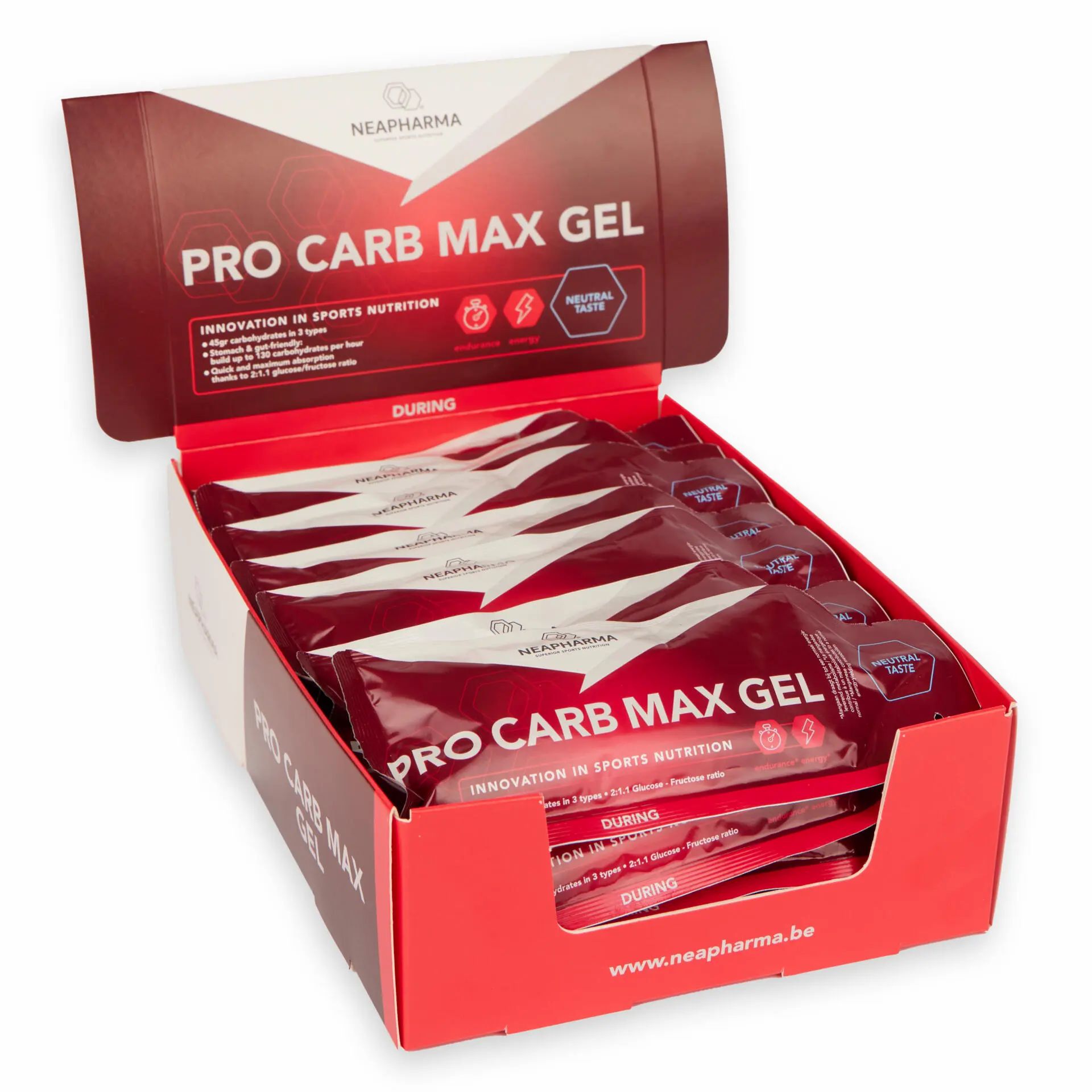 Boîte rouge ouverte contenant des sachets de gel. Inscription : Pro Carb Max Gel, logo Neapharma. Contenu visible.