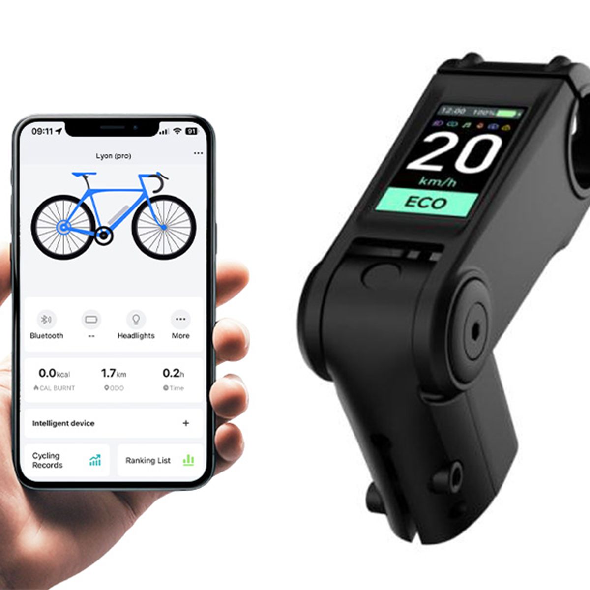 Smartphone met app-weergave en fietscomputer met snelheidsweergave. Beide apparaten zijn zwart.