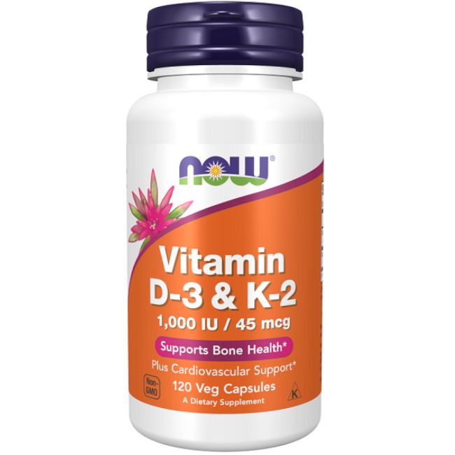 Bouteille de 120 gélules végétales Now Foods Vitamine D-3 et K-2.