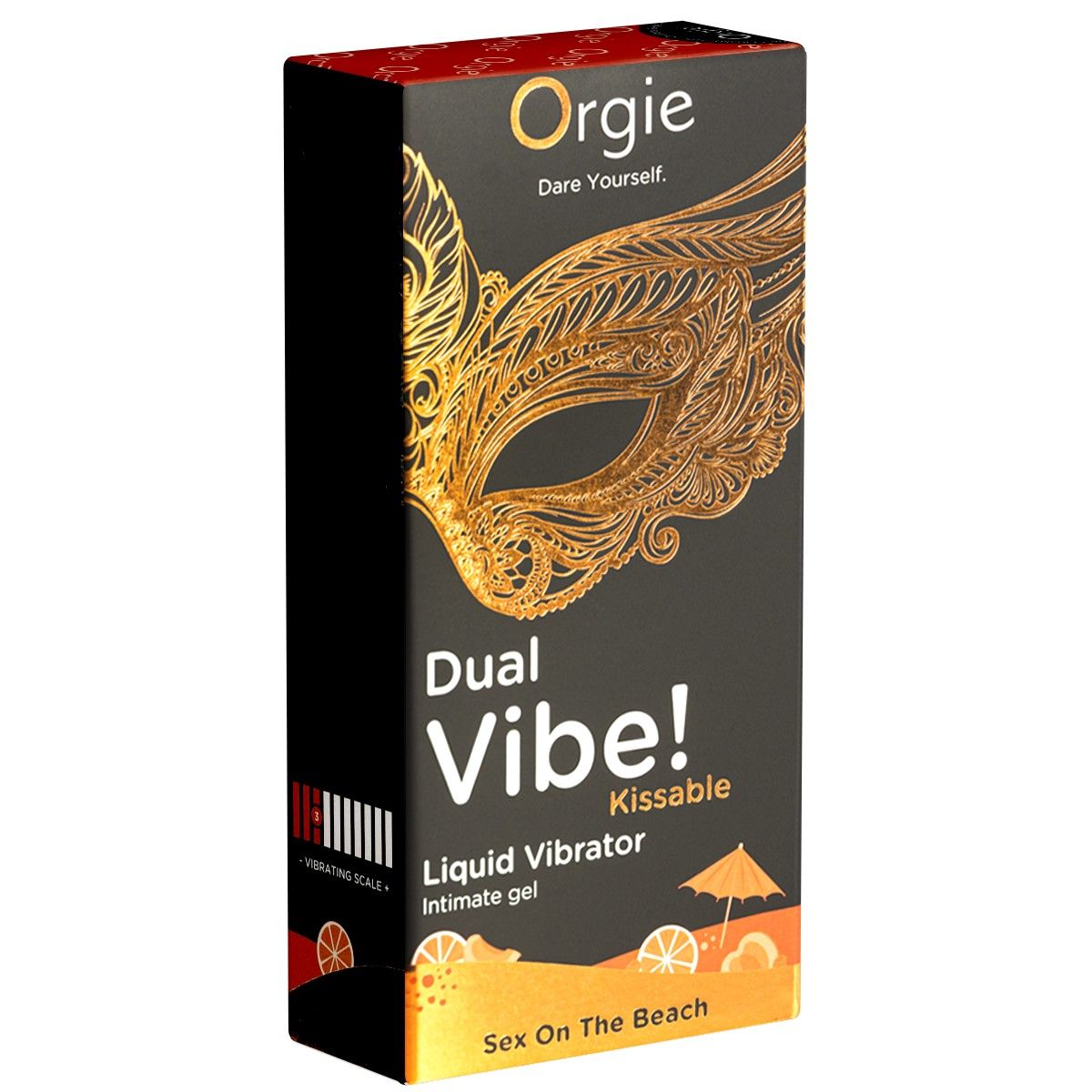 Boîte noire avec nom du produit et masque doré. Texte: Dual Vibe! Kissable Liquid Vibrator Intimate gel. Sex On The Beach.