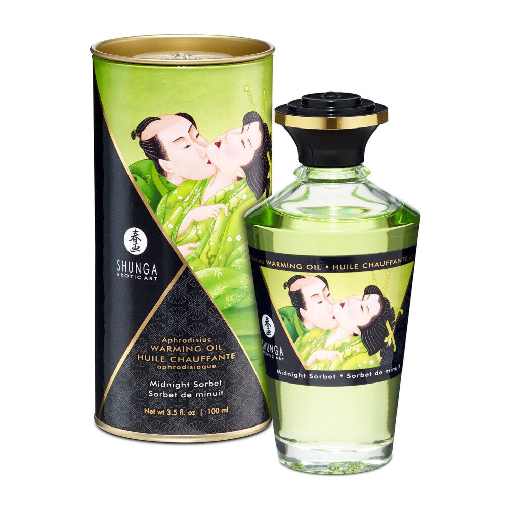 Flacon et emballage cylindrique. Inscription: Shunga, Warming Oil, Midnight Sorbet. Illustration d'un couple.