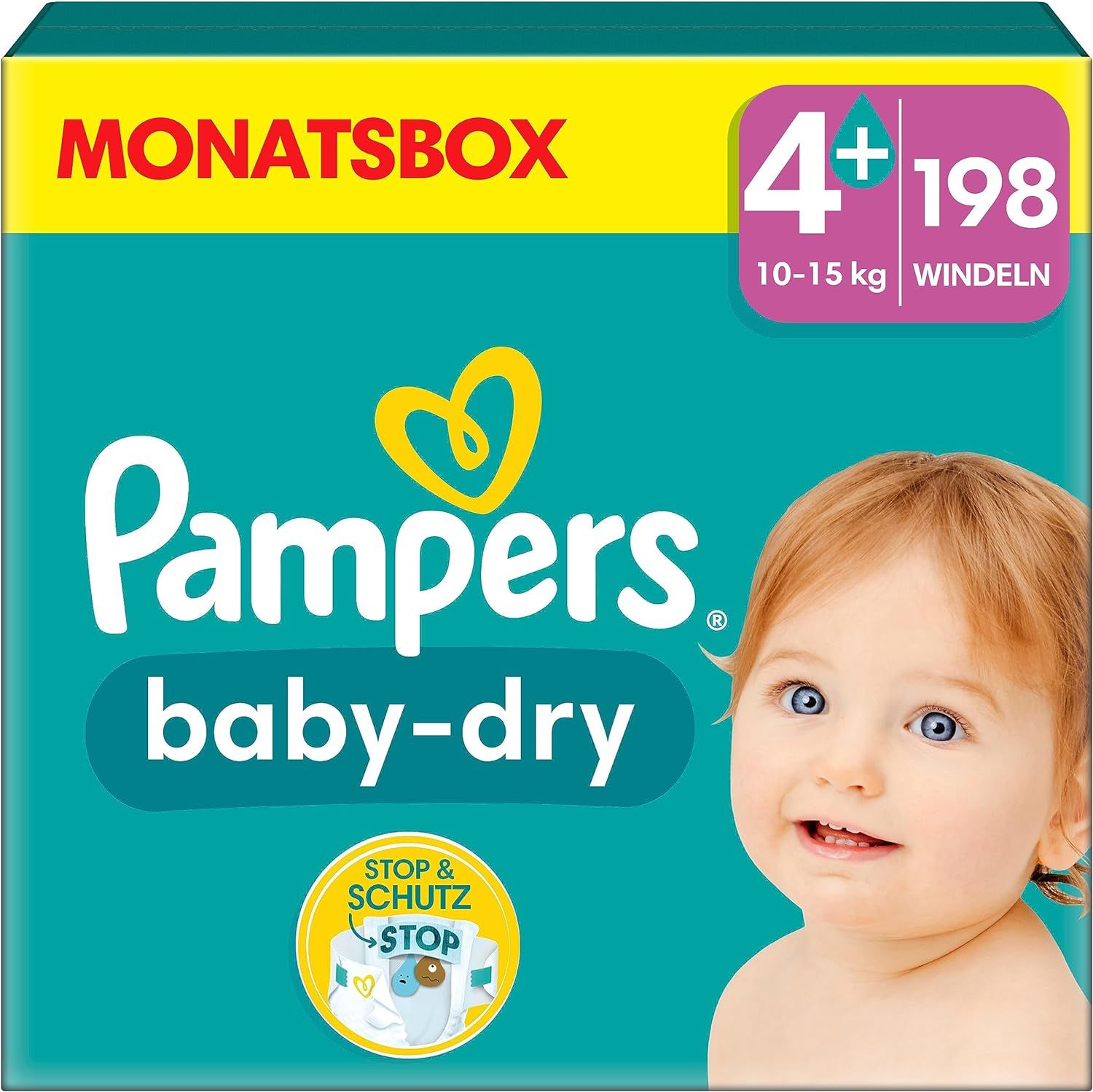 Paquet de couches Pampers Baby-Dry taille 4+, 198 unités. Inscription : Monatsbox, 10-15 kg. Bébé aux yeux bleus. Logo cœur jaune.