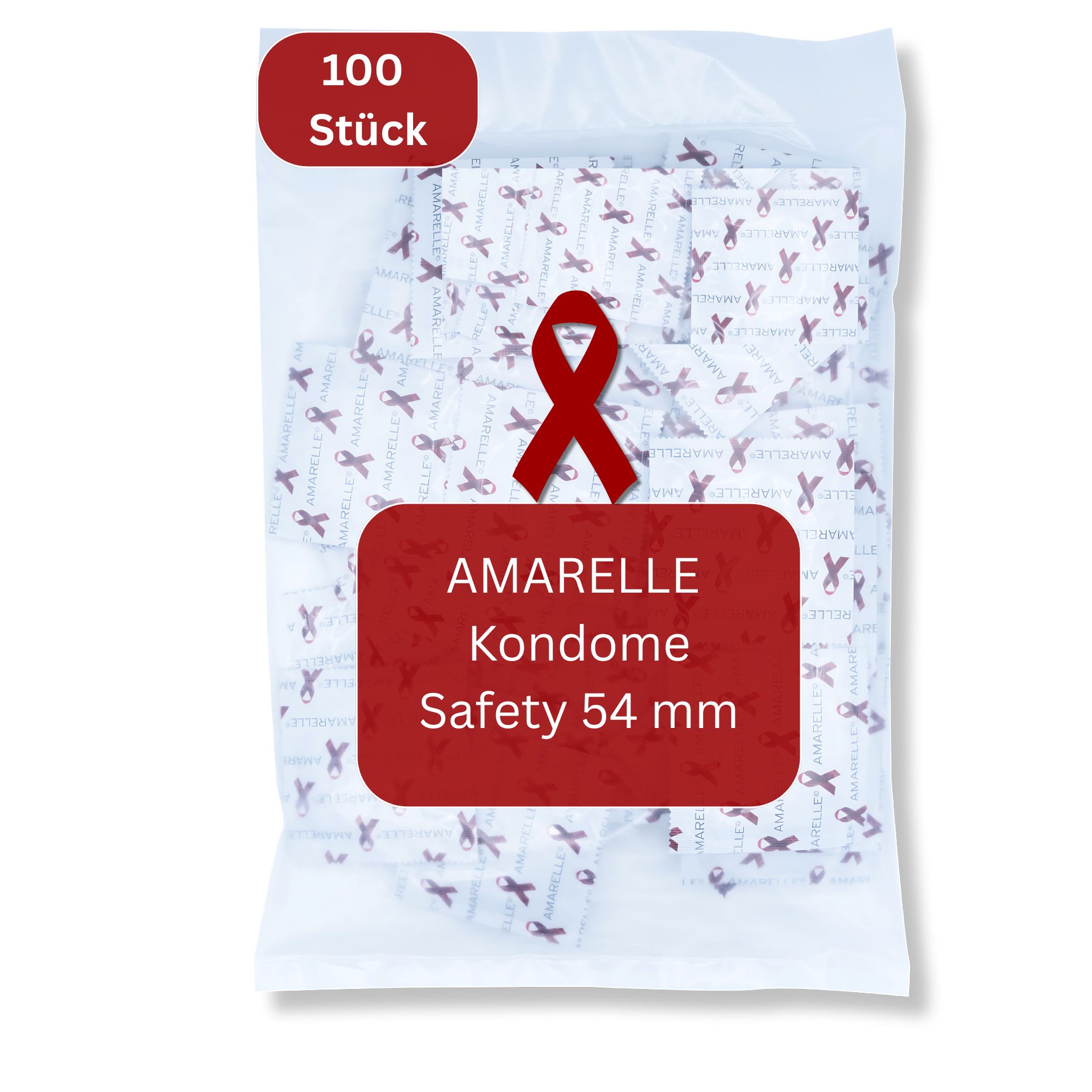 Sachet de préservatifs. Impression rouge: AMARALLE Kondome Safety 54 mm. En haut: 100 pièces. Symbole ruban rouge.