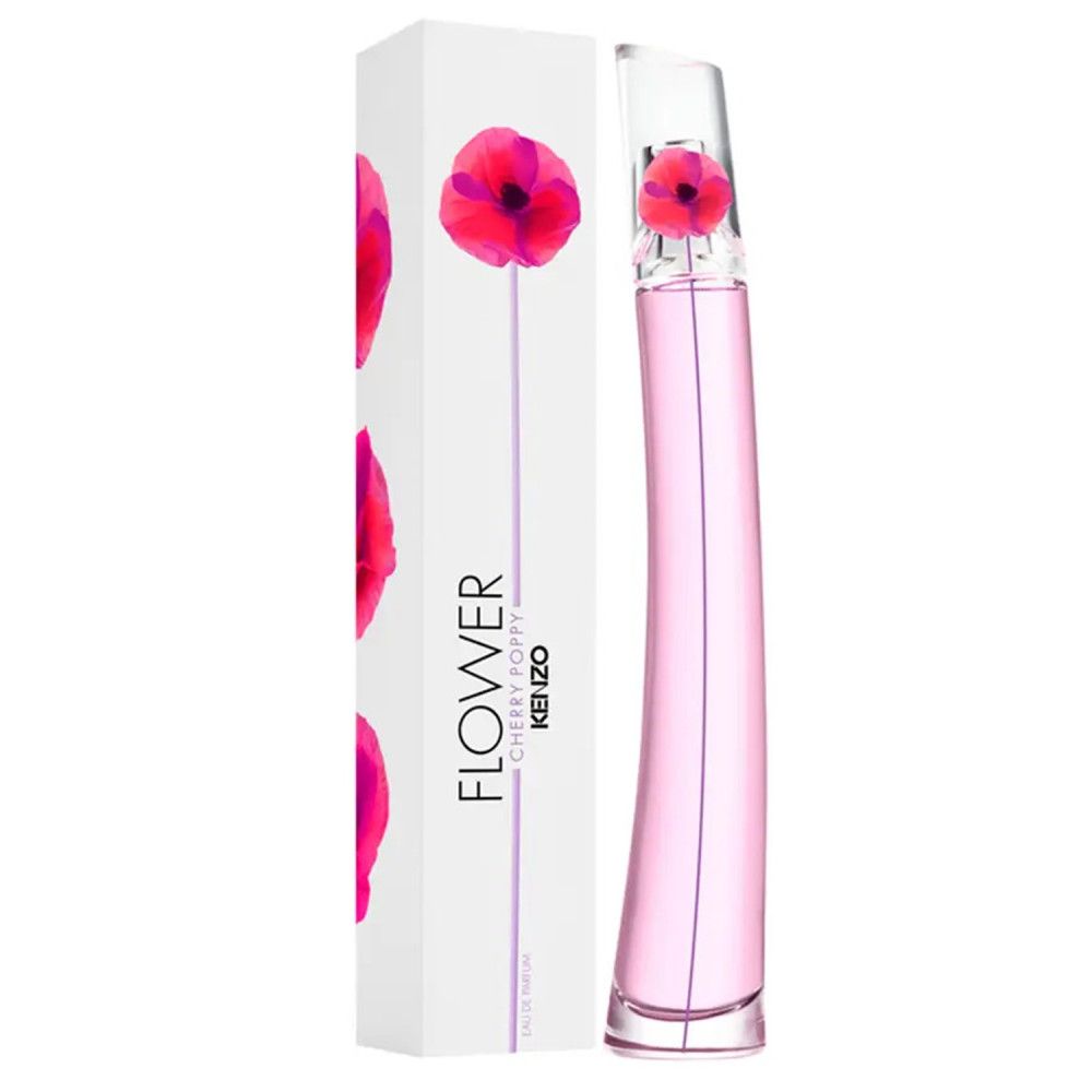 Flacon de parfum et emballage. Flacon rose, bouchon en forme de fleur. Emballage blanc, avec image de fleur et texte.