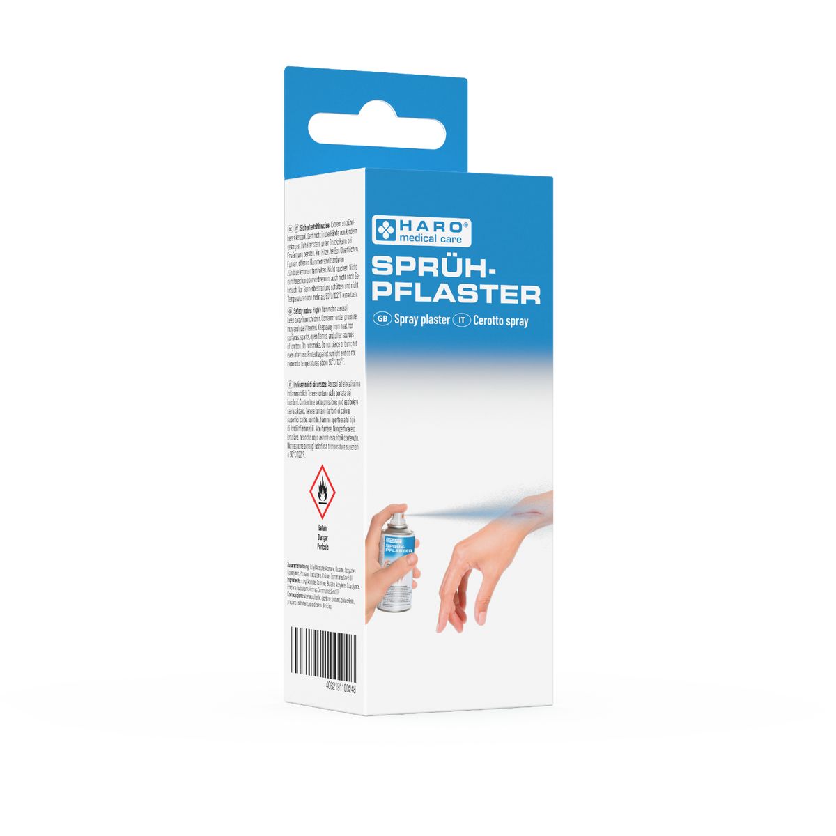 Emballage Haro Sprühpflaster. Boîte bleue et blanche avec nom et logo du produit. Une main vaporise le produit sur une autre main.