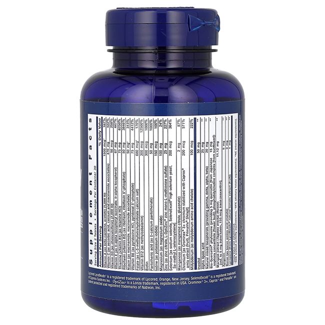 Flacon bleu avec étiquette d'informations nutritionnelles. Contient des informations nutritionnelles et des ingrédients. Vue arrière.