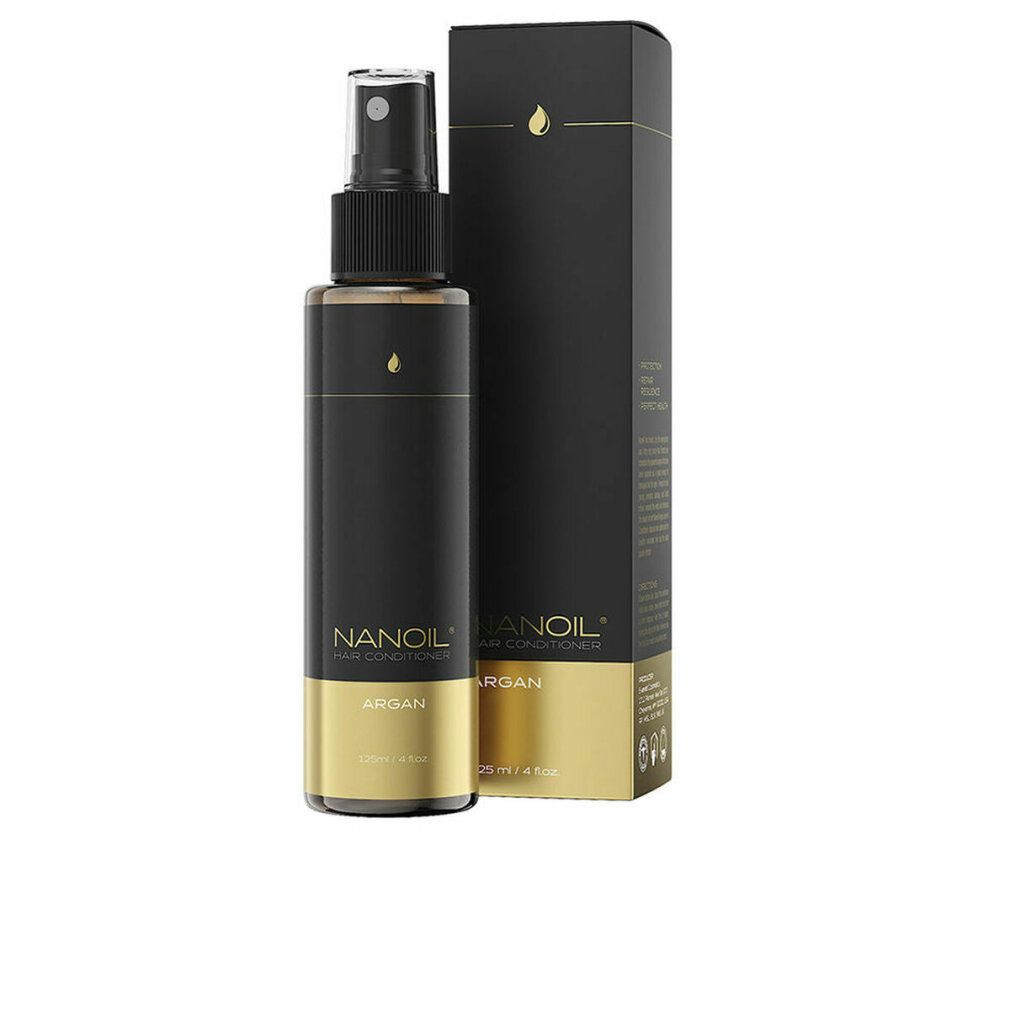 Zwarte fles met verstuiver en gouden details. Opschrift: Nanolash Hair Conditioner Argan. Verticale verpakking ernaast.