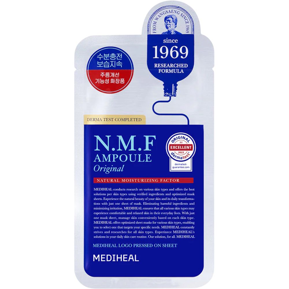 Masque en tissu MEDIHEAL N.M.F Ampoule Original. Emballage blanc avec texte bleu. Nom du produit et logo visibles.