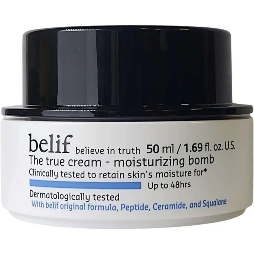 Pot Belif The True Cream Moisturizing Bomb avec couvercle noir. Contient 50 ml.