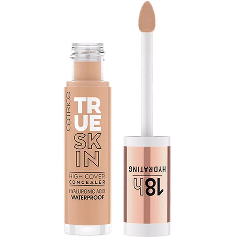 Flacon de correcteur avec applicateur. Inscription: True Skin, High Cover Concealer, Acide Hyaluronique, Waterproof. Applicateur avec produit.