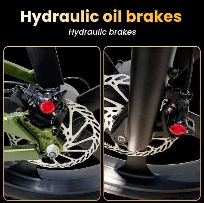 Close-up van hydraulische olie remmen van een mountainbike. Rode accenten op de remmen.