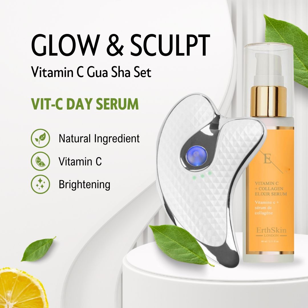 Appareil de massage Gua Sha et sérum. Appareil argenté, sérum jaune avec bouchon doré. Nom du produit et ingrédients.