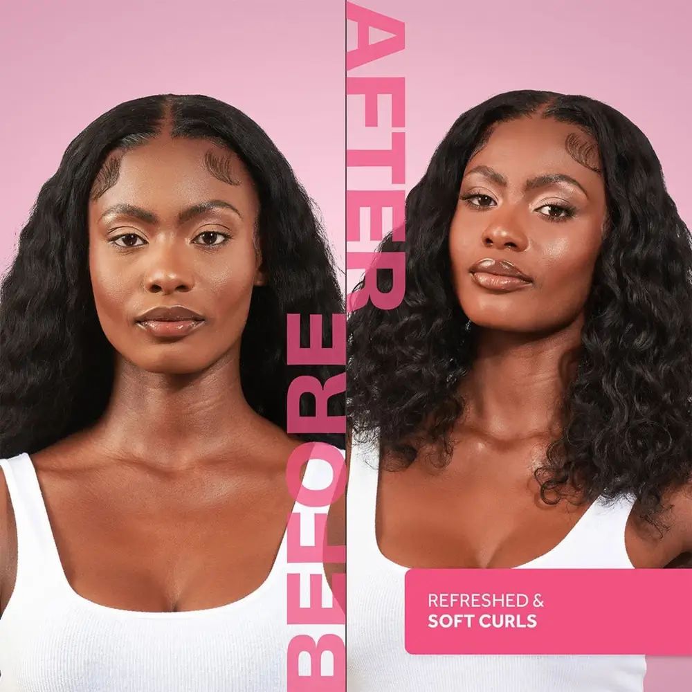 Voor-en-na-afbeelding. Twee vrouwen met krullen. Tekst: Before, After, Refreshed & Soft Curls.