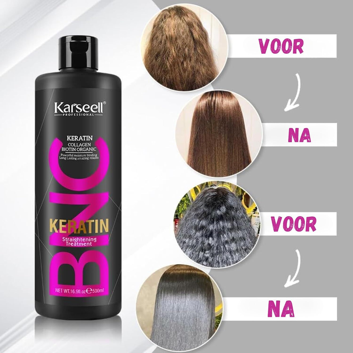 Zwarte fles Karaseel Keratine Smoothing Treatment. Toont voor-en-na resultaten op haar.