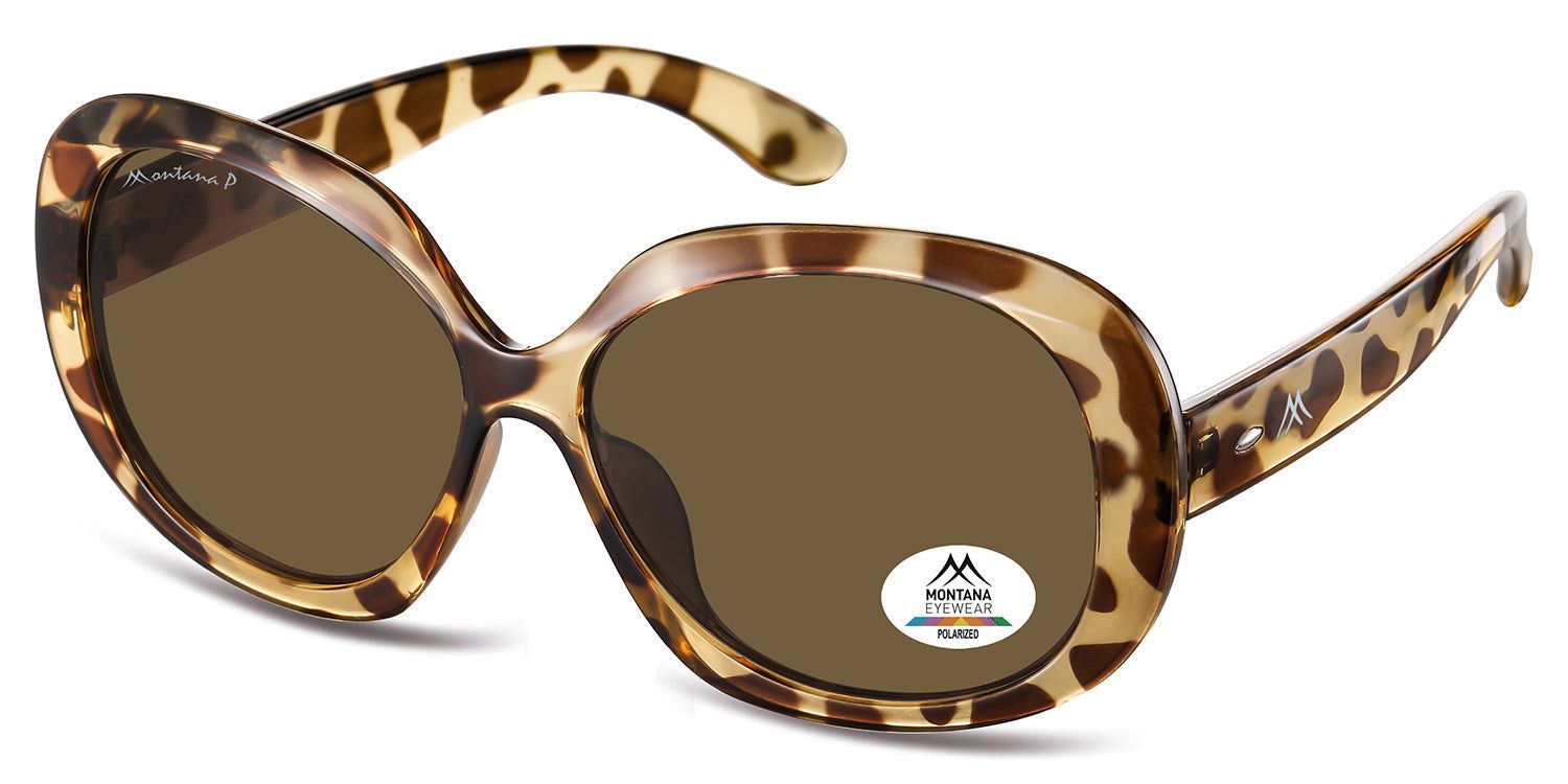 Lunettes de soleil marron et beige à motif léopard. Logo et autocollant Polarized. Montana Eyewear.