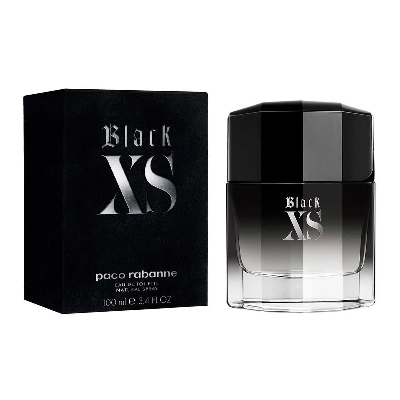Boîte et flacon noirs. Inscription "Black XS" et "paco rabanne". Flacon avec bouchon noir et dégradé.