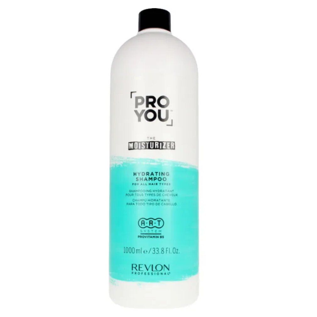 Witte fles met zwarte dop. Opschrift: PRO YOU, THE MOISTURIZER, HYDRATING SHAMPOO. Turquoise streep. Revlon Professional.