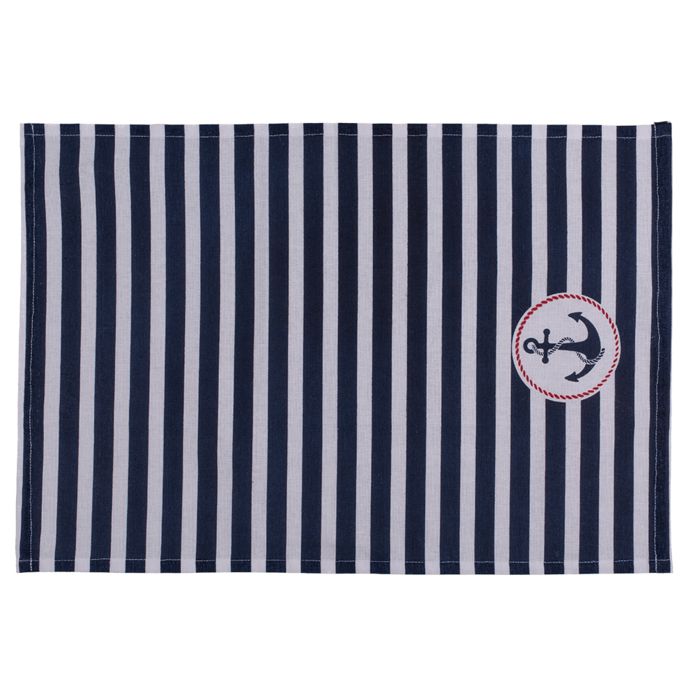 Theedoek met blauw-witte strepen en anker motief in een ronde lijst.