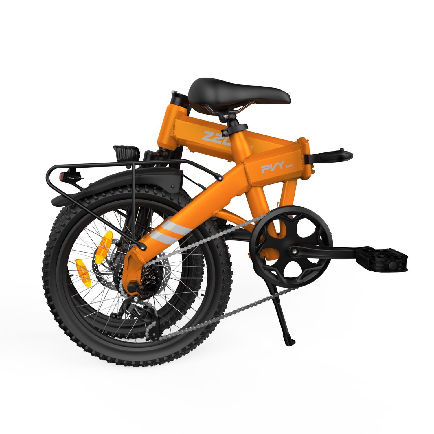 Vélo électrique orange plié avec cadre noir. Inscription Z20 PRO EVO.