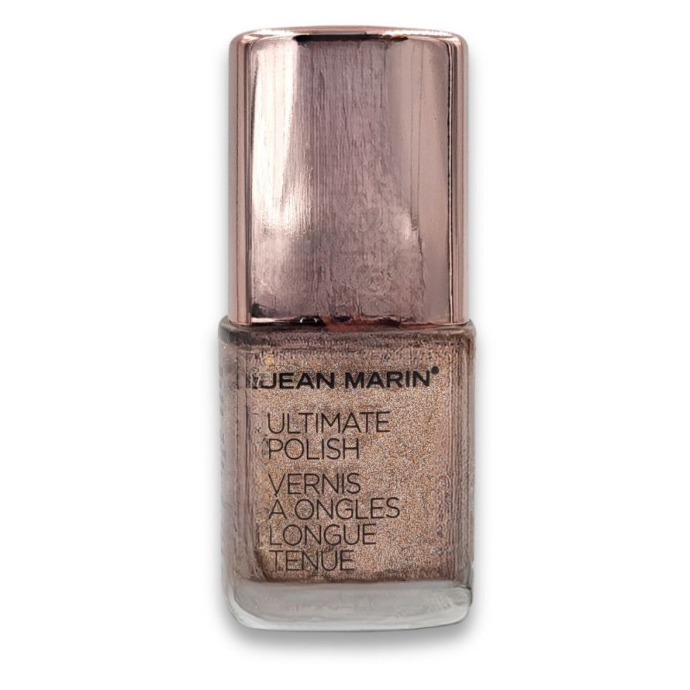 Flacon de vernis à ongles rose avec bouchon métallique. Inscription : Jean Marin Ultimate Polish, Vernis à Ongles Longue Tenue.