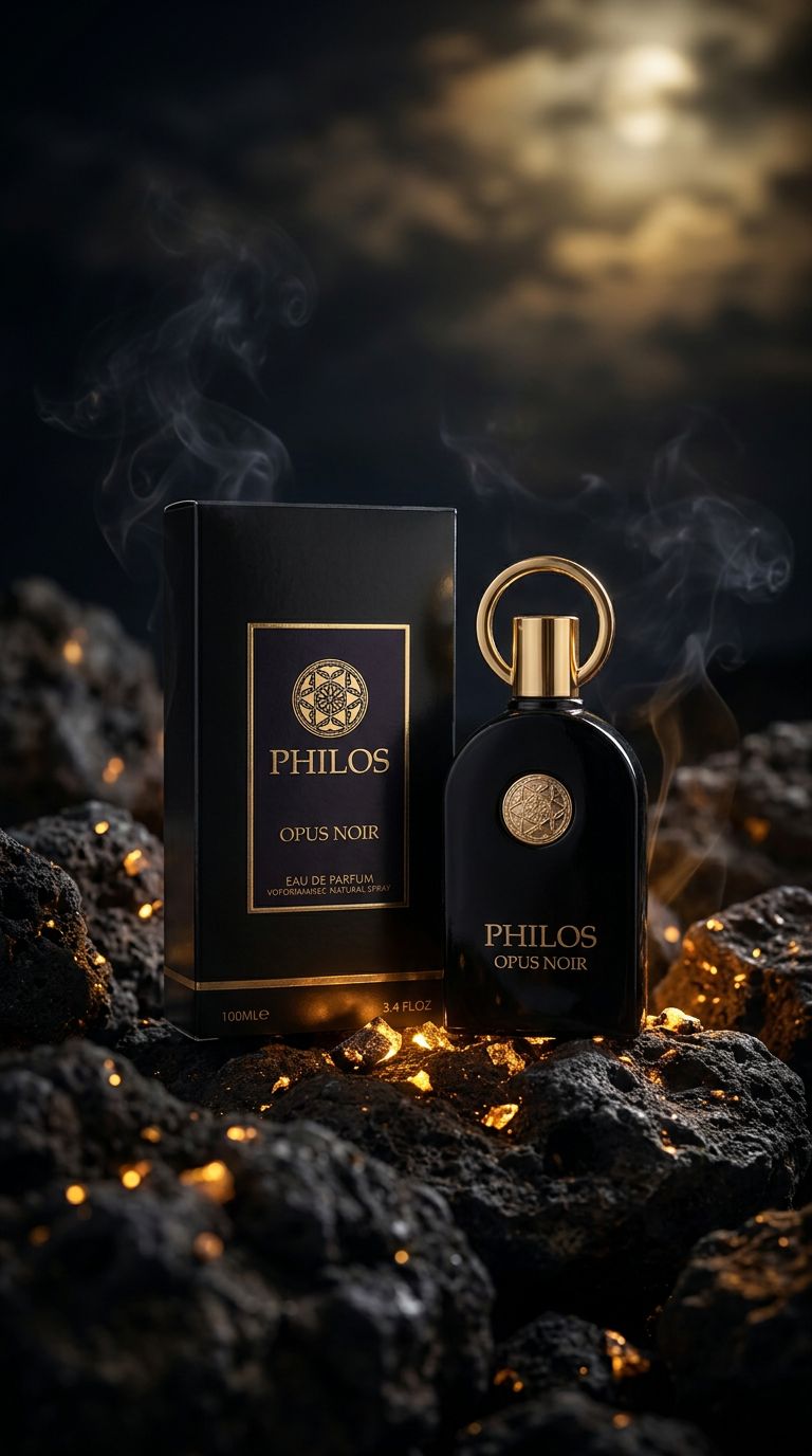 Zwarte Eau de Parfum fles en verpakking op rotsachtige ondergrond met gloeiende vonken. PhilOS Opus Noir.