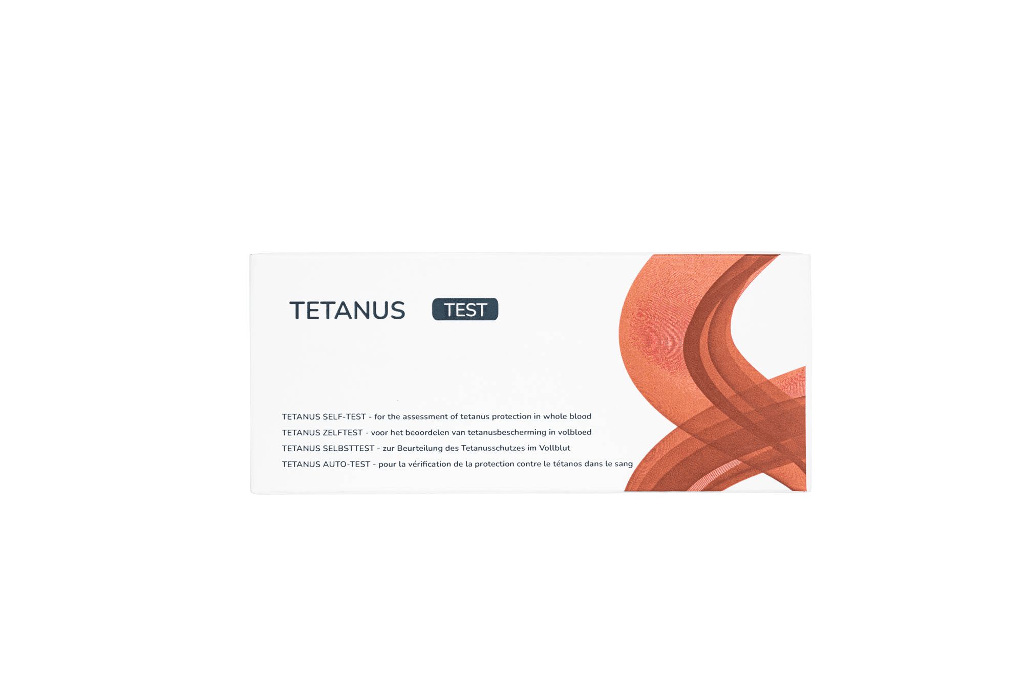 Face avant de l'emballage du test du tétanos avec descriptions produit multilingues.