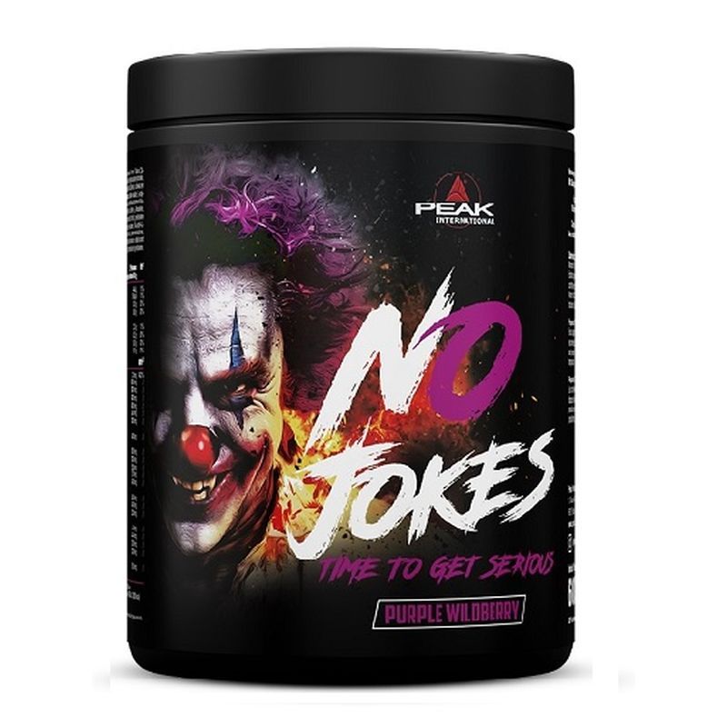 PEAK No Jokes Purple Wildberry Voedingssupplement in zwarte pot met clown-afbeelding en tekst.