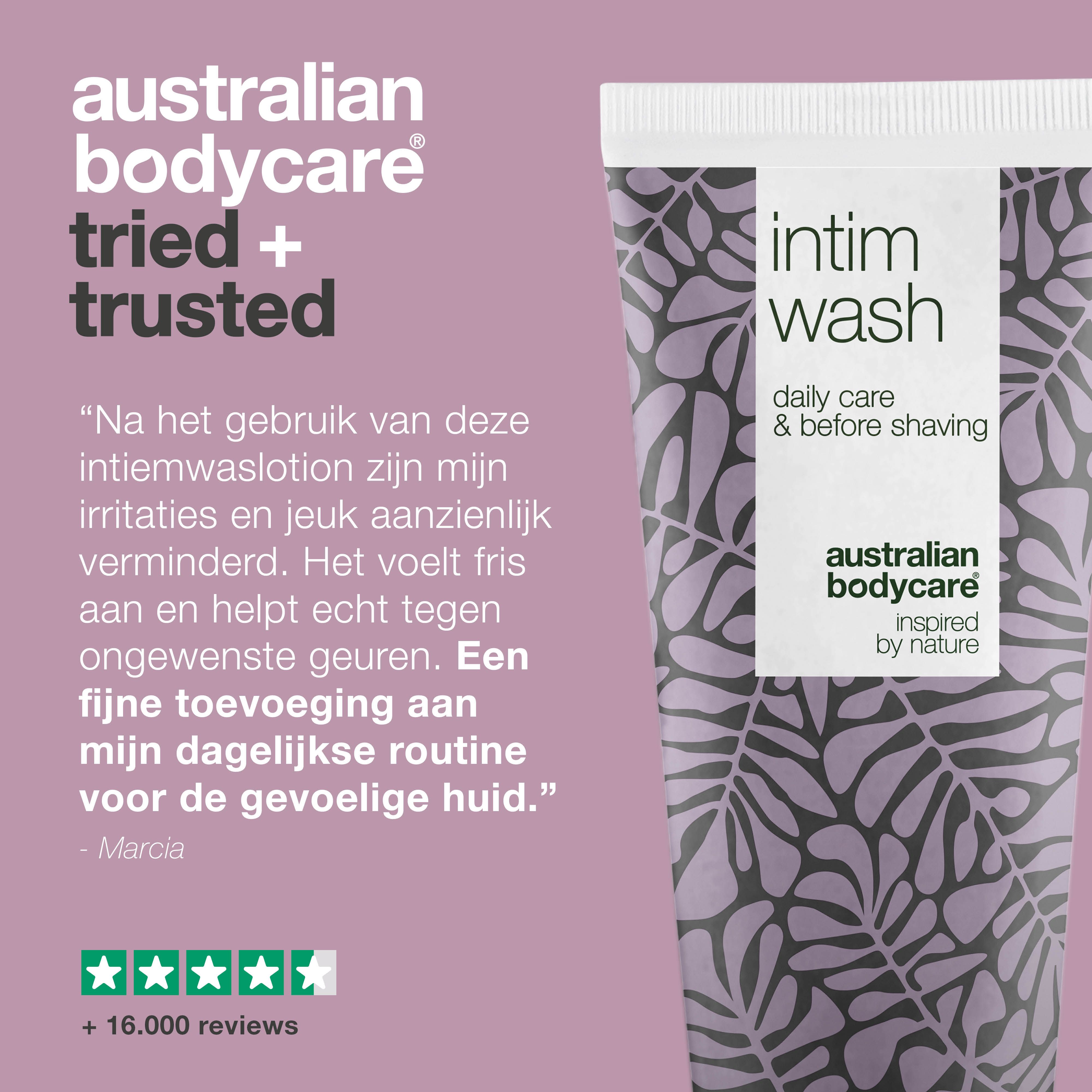 Tekst: Intieme waslotion heeft mijn irritaties verminderd. Huid voelt fris aan. - Marcia. 5 sterren beoordeling.
