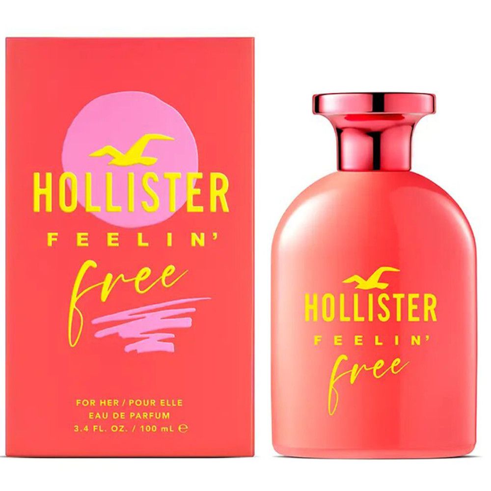 Rode fles en verpakking. Opschrift: Hollister Feelin' Free. Gele tekst. Roze achtergrond.