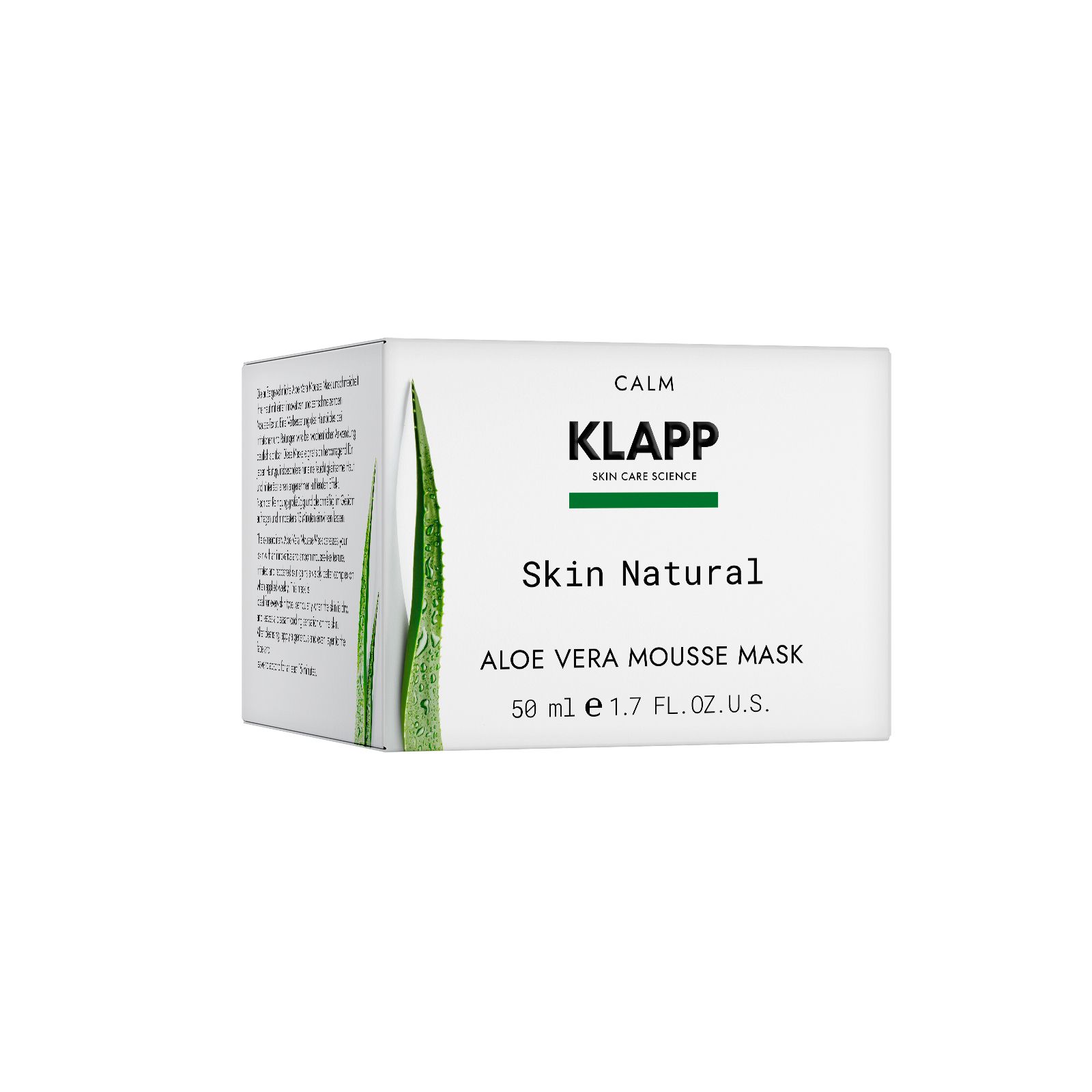 Witte verpakking met productnaam en logo. Opschrift: Klapp Skin Natural Aloe Vera Mousse Mask. Illustratie van aloë vera.