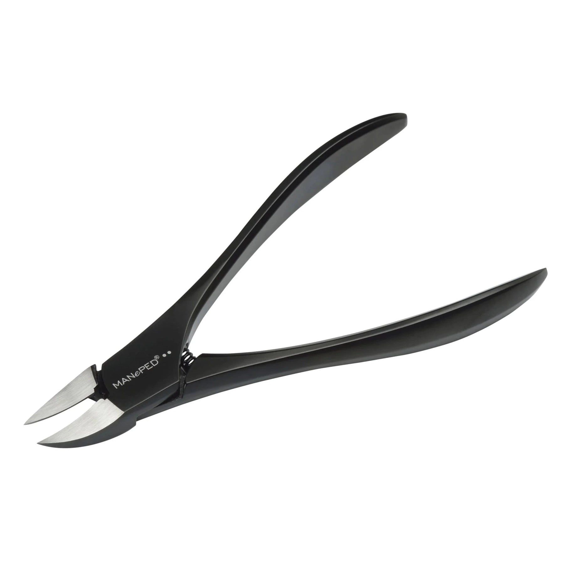 Pince à ongles noire, logo MANePED. Forme ouverte, lames métalliques.