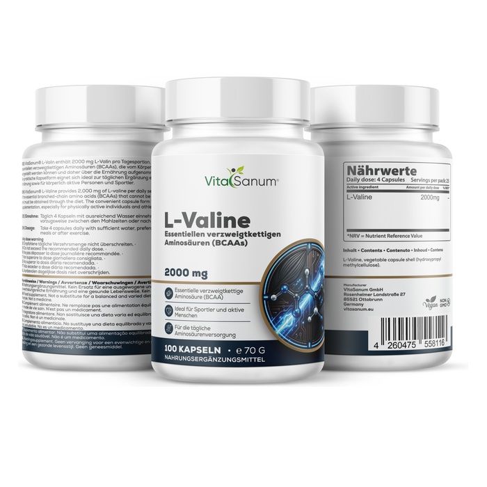 Gélules VitaSanum L-Valine : Trois contenants, un avec informations nutritionnelles. Complément alimentaire.
