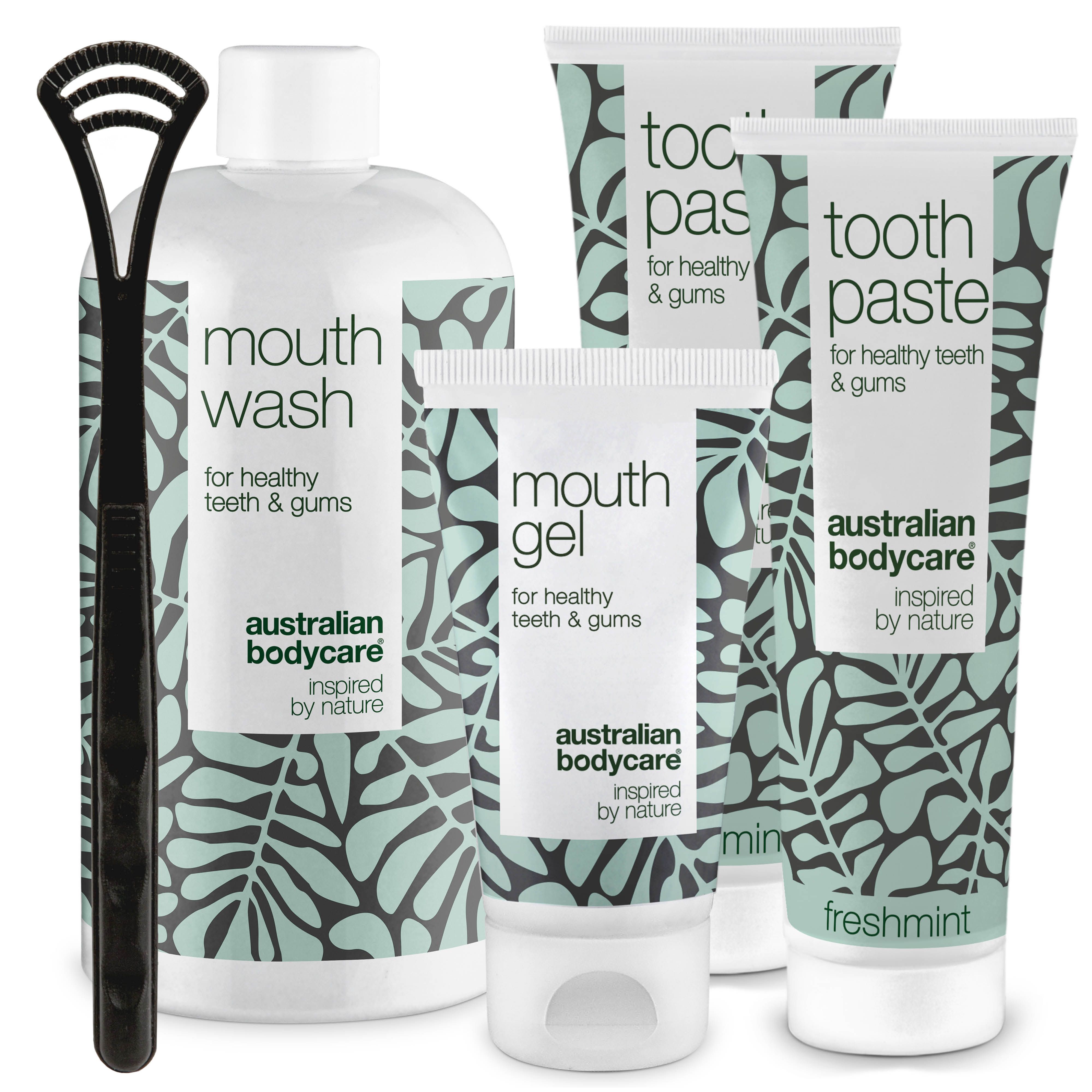Kit de soins bucco-dentaires Australian Bodycare. Comprend bain de bouche, dentifrice, gel buccal et gratte-langue.