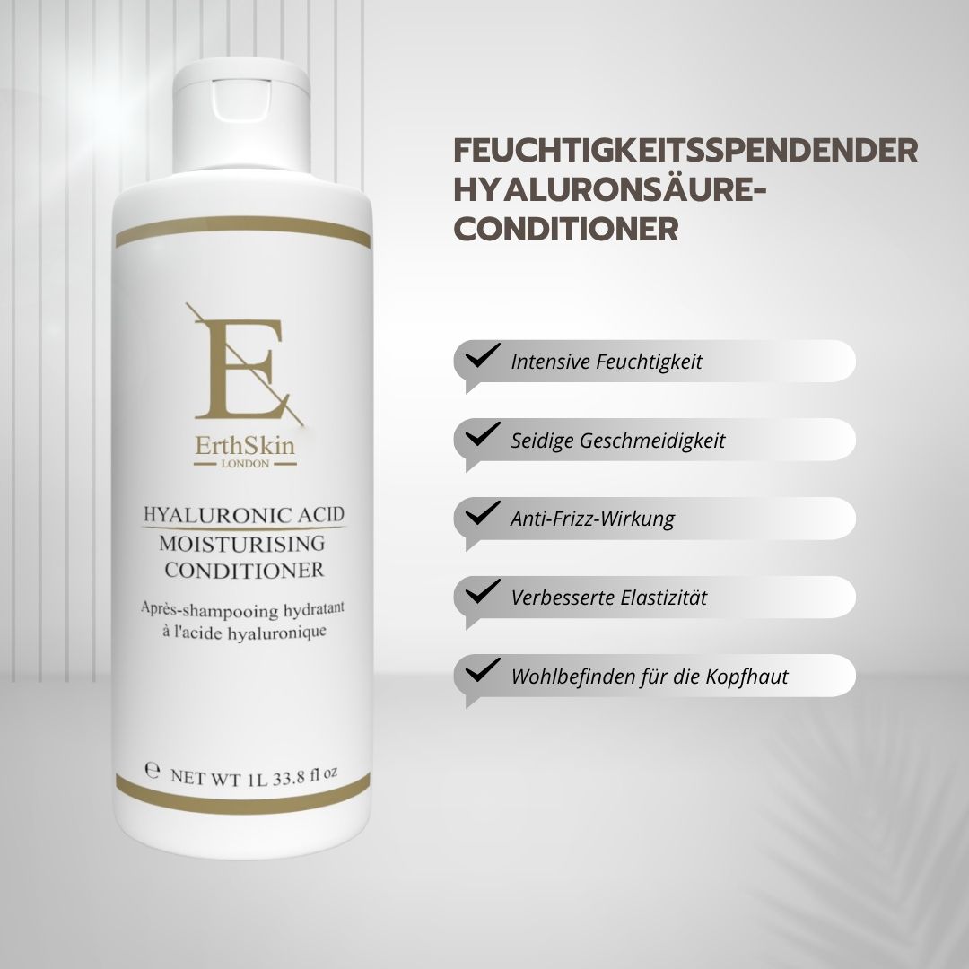 Flacon blanc avec étiquette dorée. Texte : ErthSkin London, soin hydratant à l'acide hyaluronique. À côté de zones de texte avec les avantages.