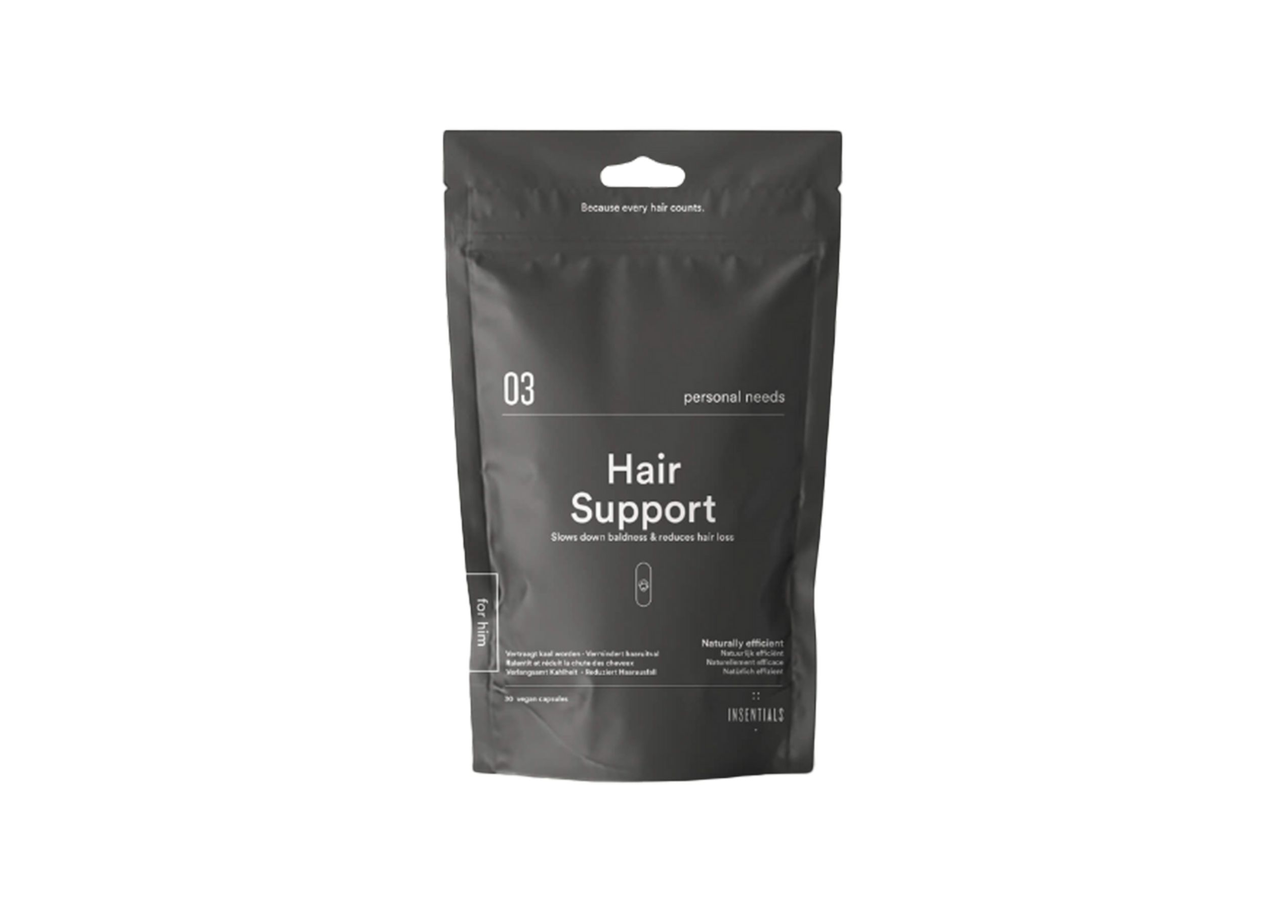 Donkergrijze verpakking met 'Hair Support'. Bevat capsules. 'Insentials' zichtbaar. Opschriften: '03', 'personal needs'.