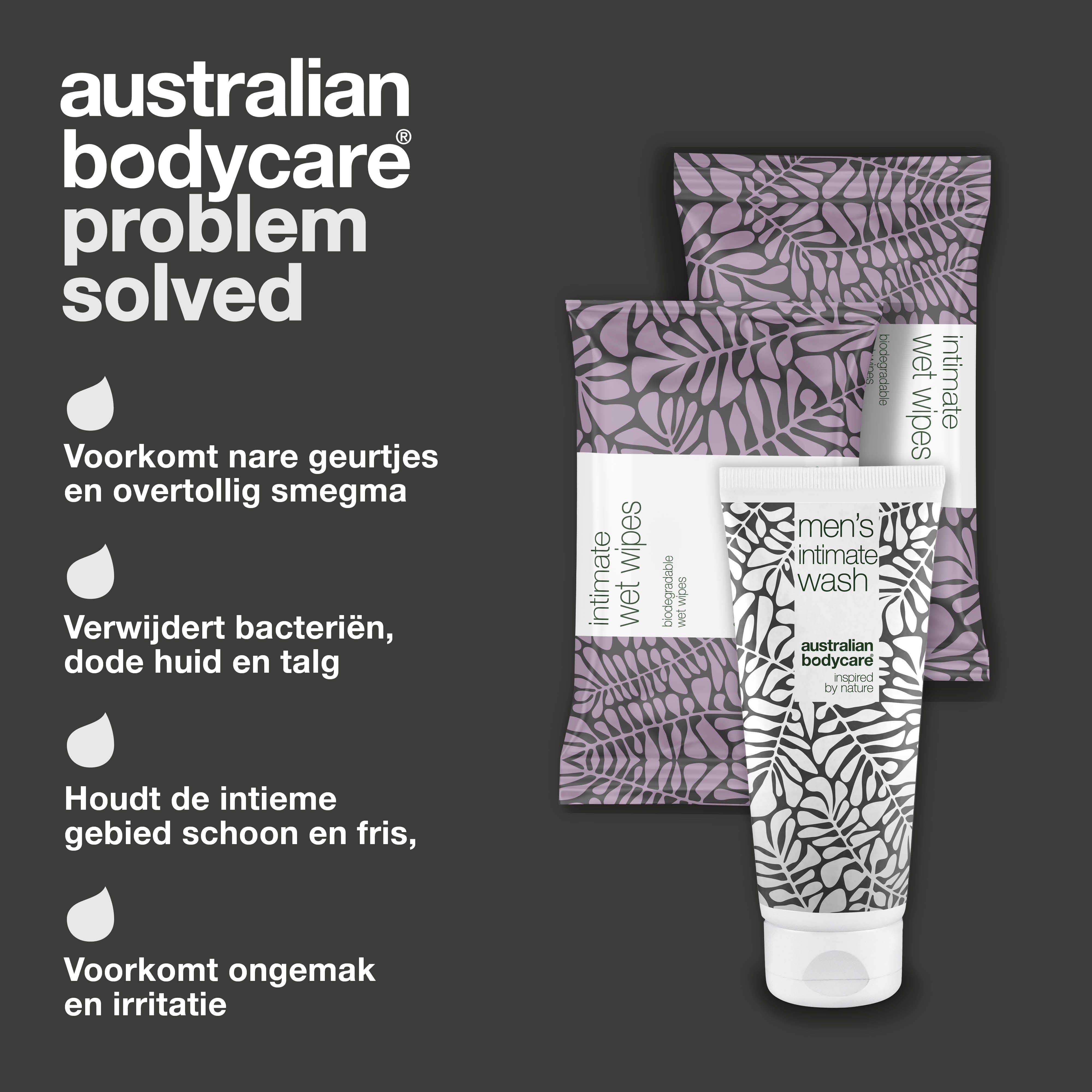 Product: intieme wasgel en doekjes. Merk: Australian Bodycare. Tekst: Probleem opgelost.