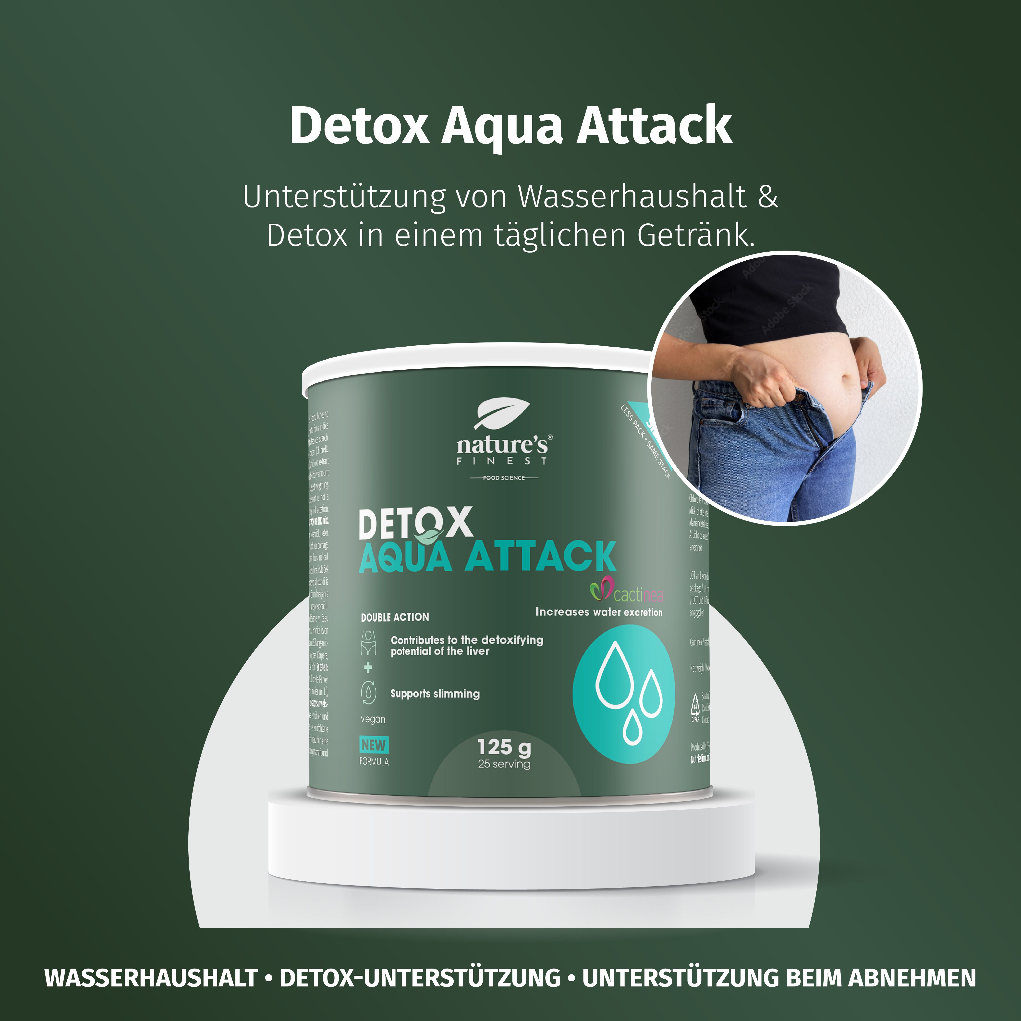 Boîte Nature's Finest Detox Aqua Attack, 125g, avec représentation d'eau et de tour de taille.