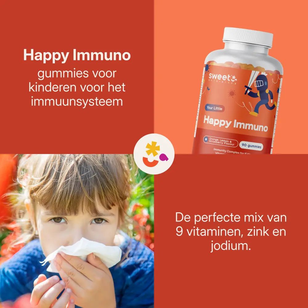 Kind snuit neus. Fles Happy Immuno. 9 vitaminen, zink en jodium. Oranje achtergrond.