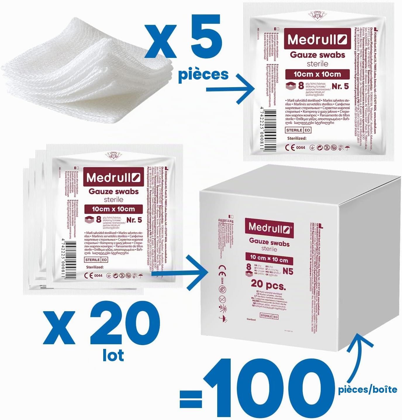 Compresse de gaze Medrull: 5x20 pièces = 100 pièces/boîte. Compresses emballées individuellement.